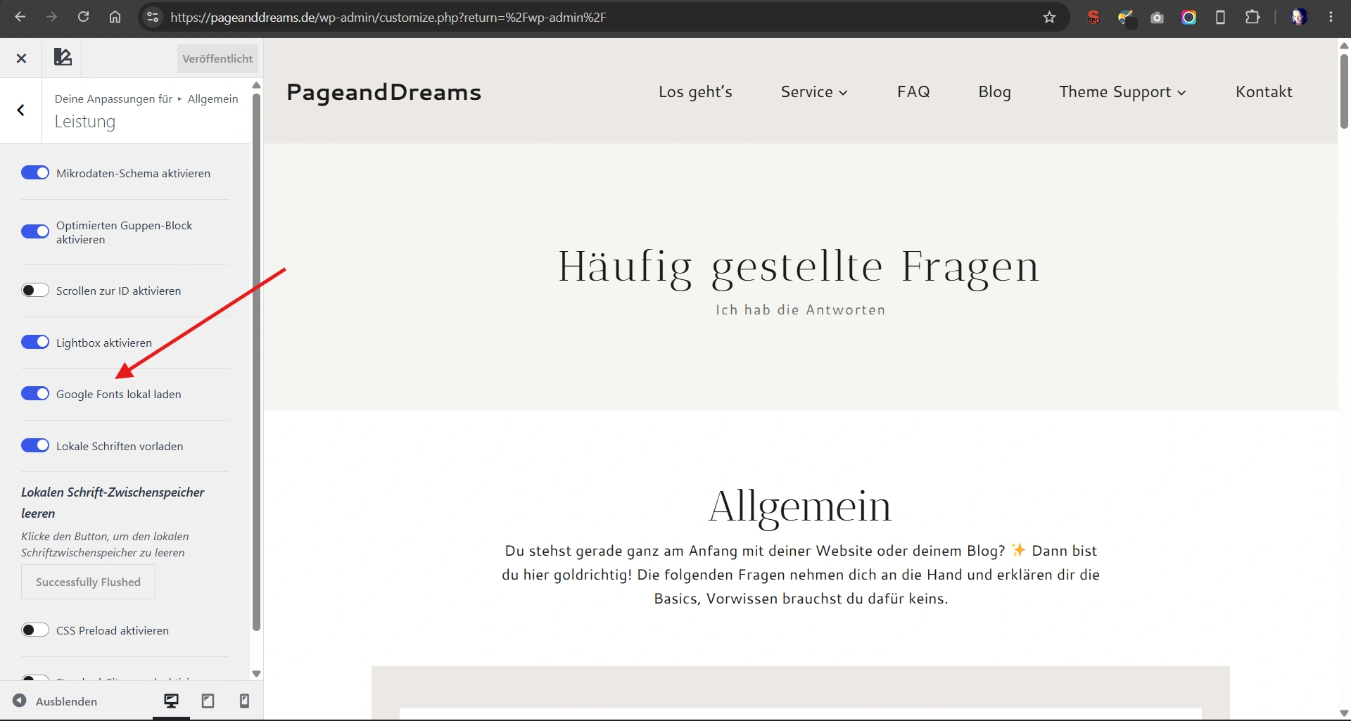 Kadence Customizer Einstellung Google Fonts lokal laden.