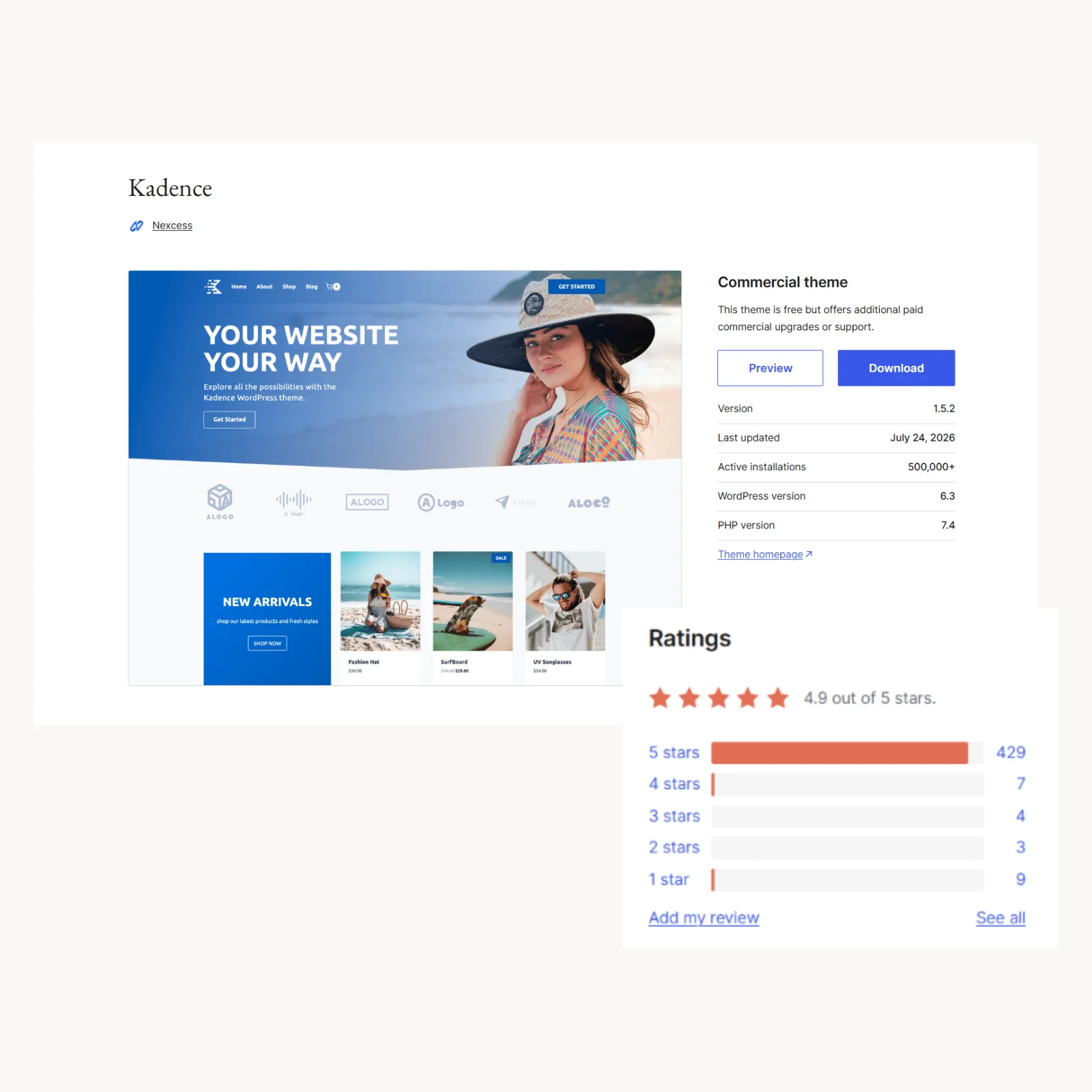 Screenshot von WordPress Theme Seit.  Kadence Theme sowie einer Bewertung von 4,9 von 5 Sternen.